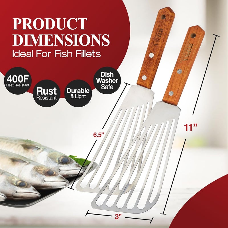 Rifsa Fish Spatula Stainless Steel 2 Slotted Fish Spatulas for Nonstick Cookware - Elegant Silver Finish Turner Spatula with Ergonomic Wooden Grip Size 11” Blade Ideal for Home and Professional Chefs - Image 2
